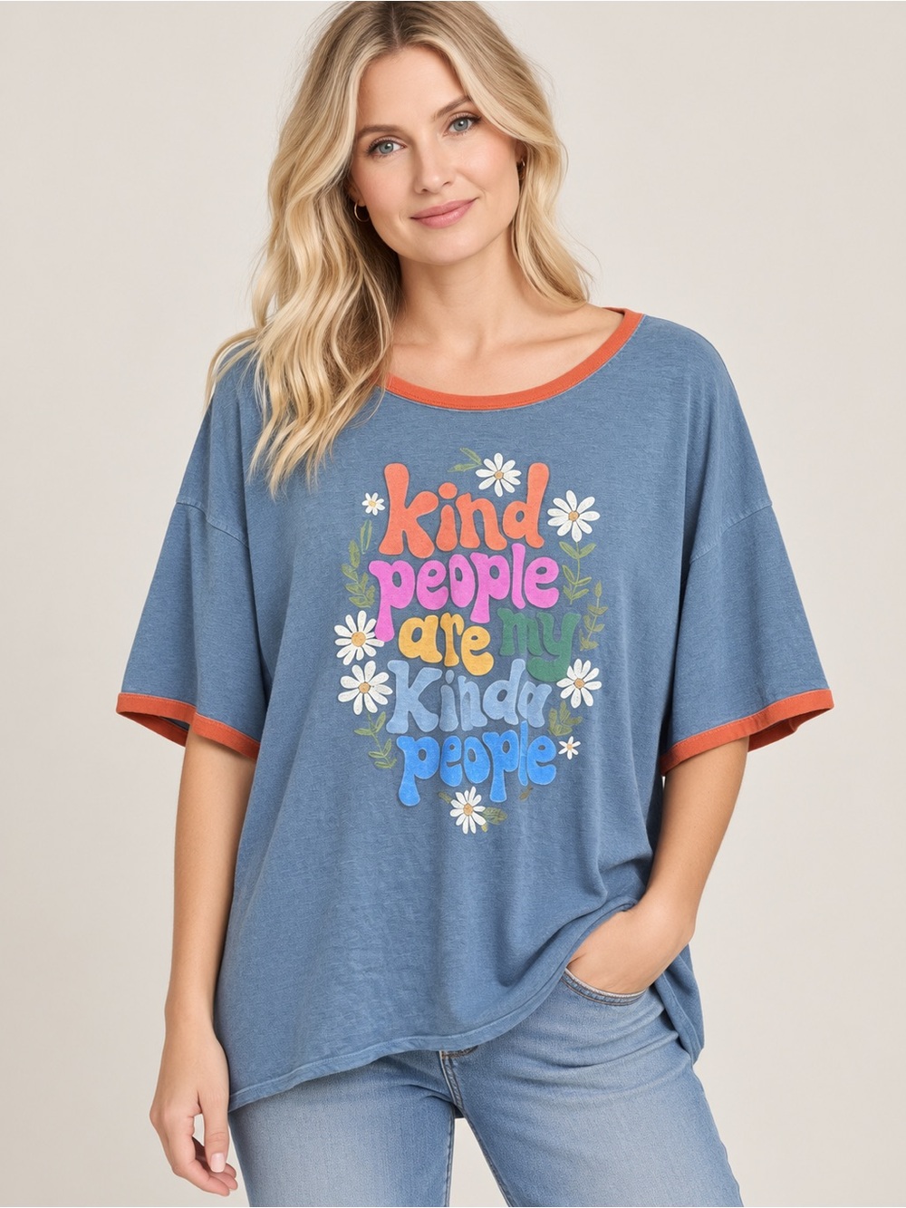 Natural Life Kind People Oversized Graphic Tee Blue Orange XL
